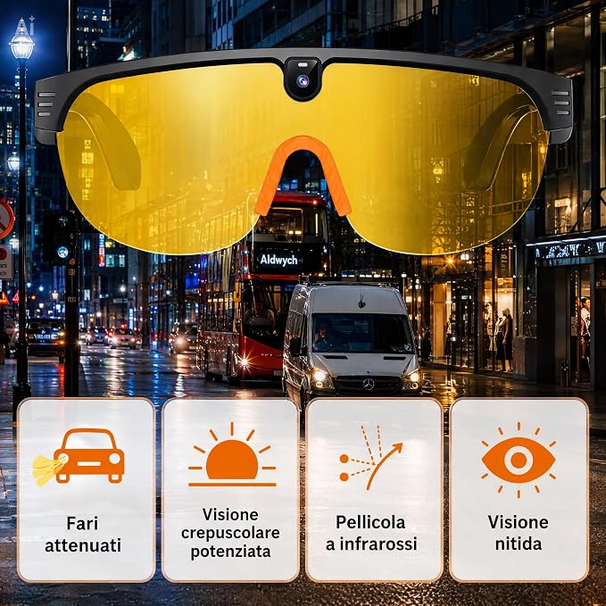 Occhiali Smart AI con Fotocamera 8MP e Audio Open-Ear – Montatura Bianca/BLU, Video 1200P, Traduzione in 20+ Lingue, AI Descrittiva, Lenti Polarizzate + Gialle, APP Cyan Glasses