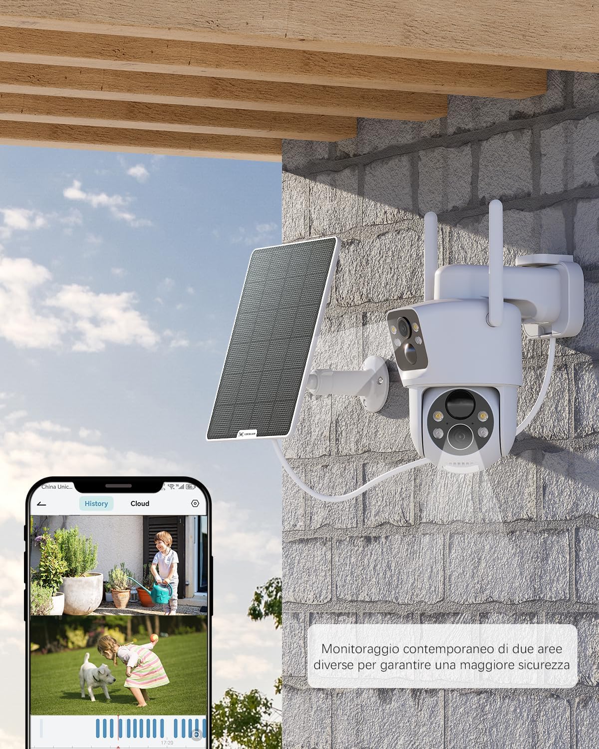 2K Telecamera Wi-Fi Esterno Senza Fili Solare PTZ con Doppio Obiettivo Doppio PIR, Batteria 10000mAh, 355°P 90°T, Intelligenza Artificiale, Pannello Solare 6W, IP66