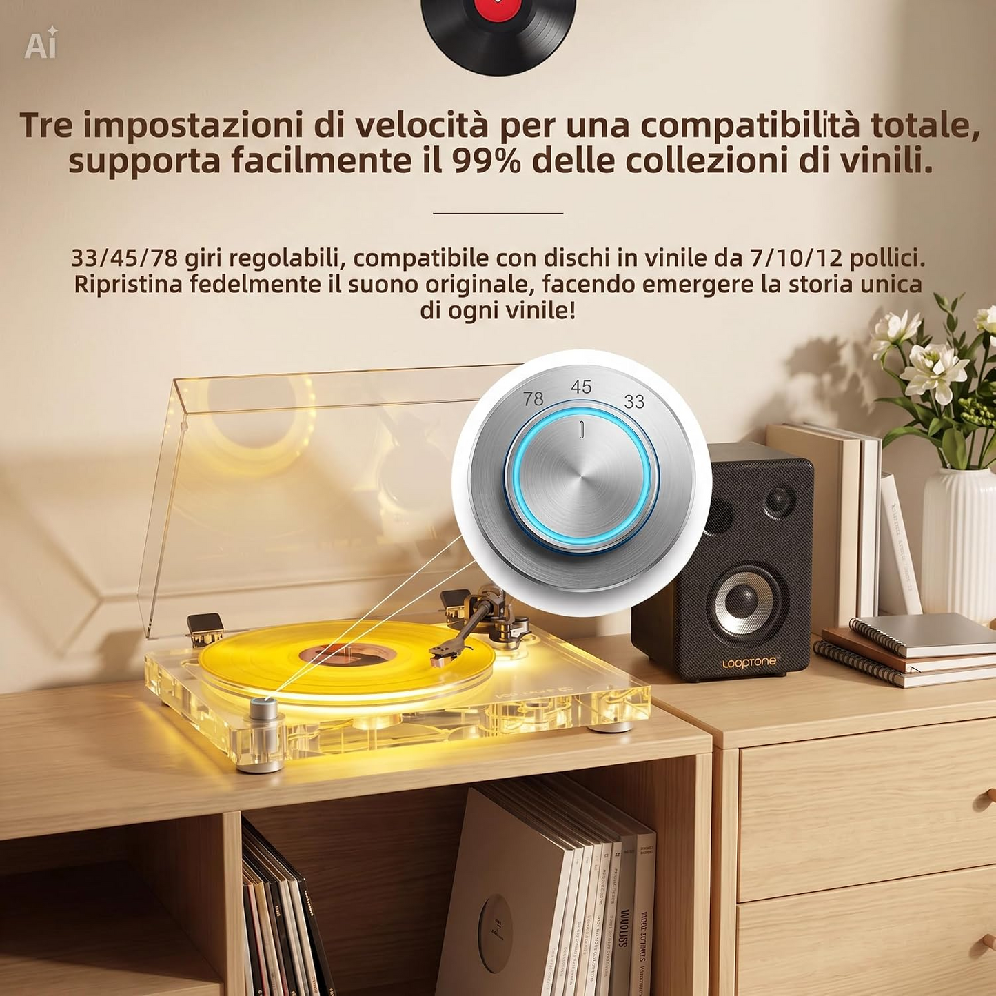 Giradischi in Acrilico Trasparente con Luce LED Bicolore Blu/Giallo – Design Esclusivo per Ambienti Ricercati, Braccio in Fibra di Carbonio, Cartuccia Audio Technica, Uscite BT/RCA/Ottica