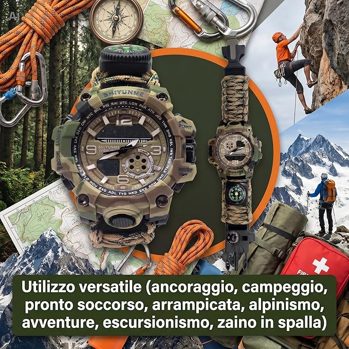 Orologio Survival con Corda da Paracadute 7-in-1 – Braccialetto Tattico con Bussola, Termometro, Fischietto, Cacciavite, Raschietto, Luminescente, per Campeggio, Arrampicata e Trekking