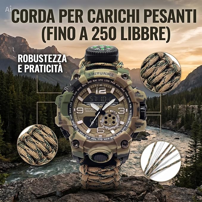 Orologio Survival con Corda da Paracadute 7-in-1 – Braccialetto Tattico con Bussola, Termometro, Fischietto, Cacciavite, Raschietto, Luminescente, per Campeggio, Arrampicata e Trekking