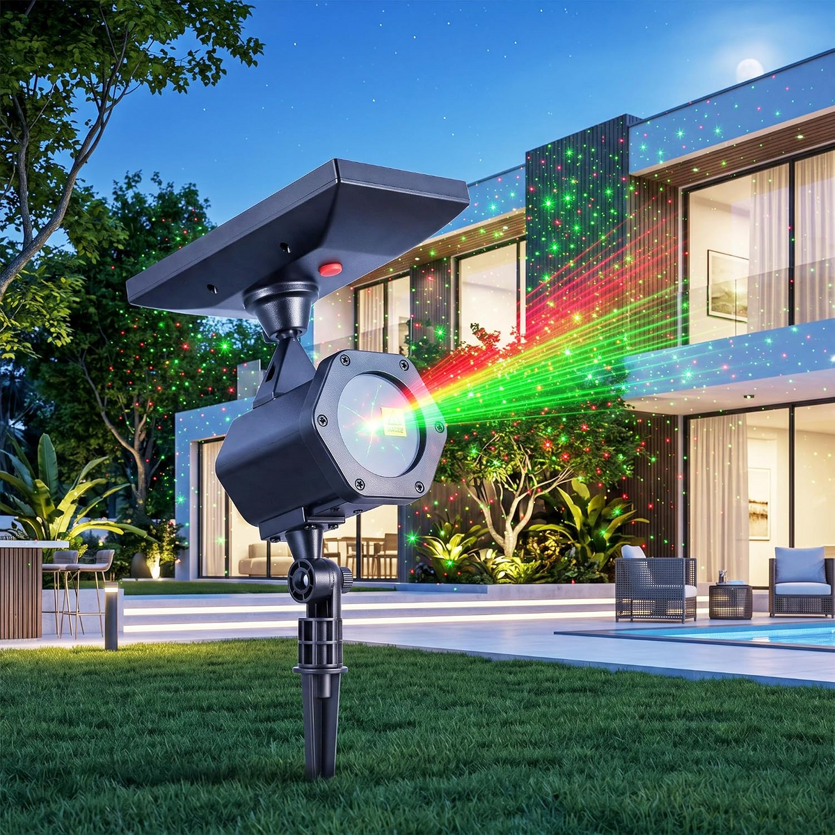 Proiettore di stelle Solare con Luci Rosse e Verdi Lampeggianti – Pannello Solare Ricarica Automatica, Impermeabile IP65, Batteria 2200mAh – Ideale per Giardino, Feste e Decorazioni Natalizie