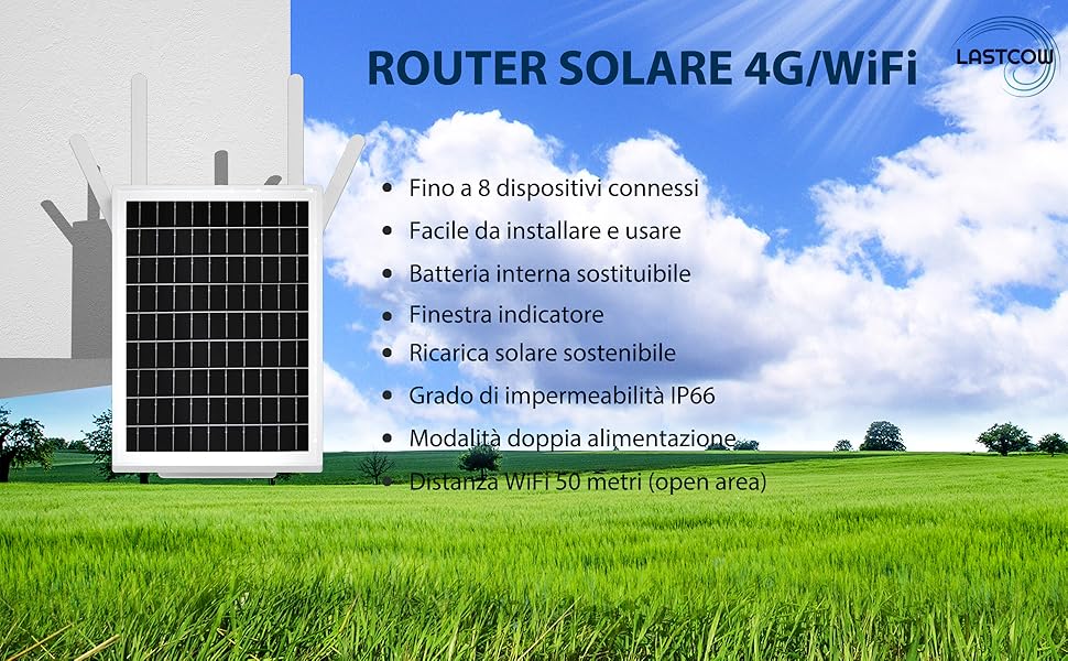 Router con pannello solare modem 4G LTE, con slot sim card - wifi 2,4ghz fino a 8 connessioni