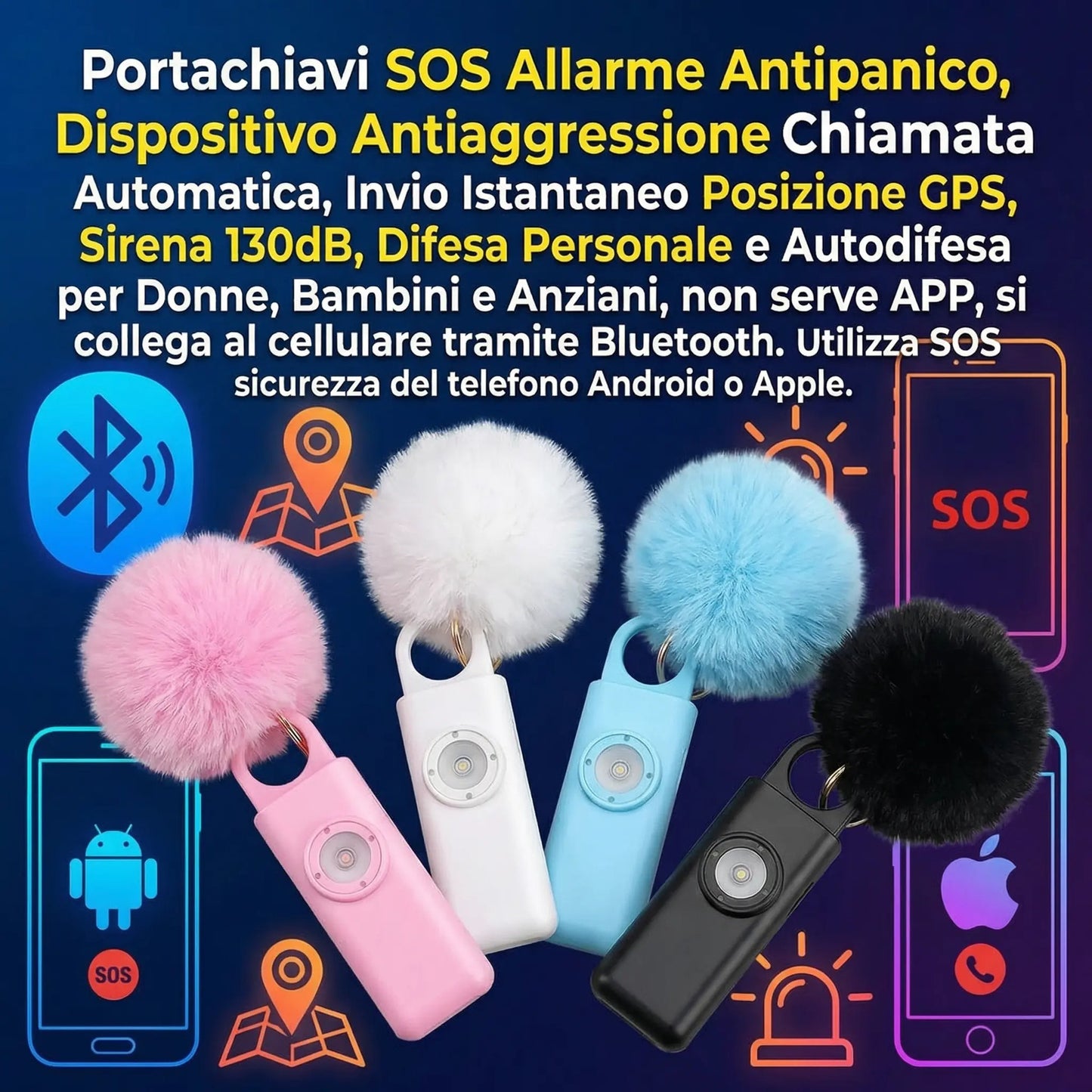 Panic Alarm Keychain, SOS Anti-Aggression Device with Automatic Call, Instant GPS Location Sending, 130dB Siren, Personal Defense and Self-Defense for Women, Children, and the Elderly (Blue) 