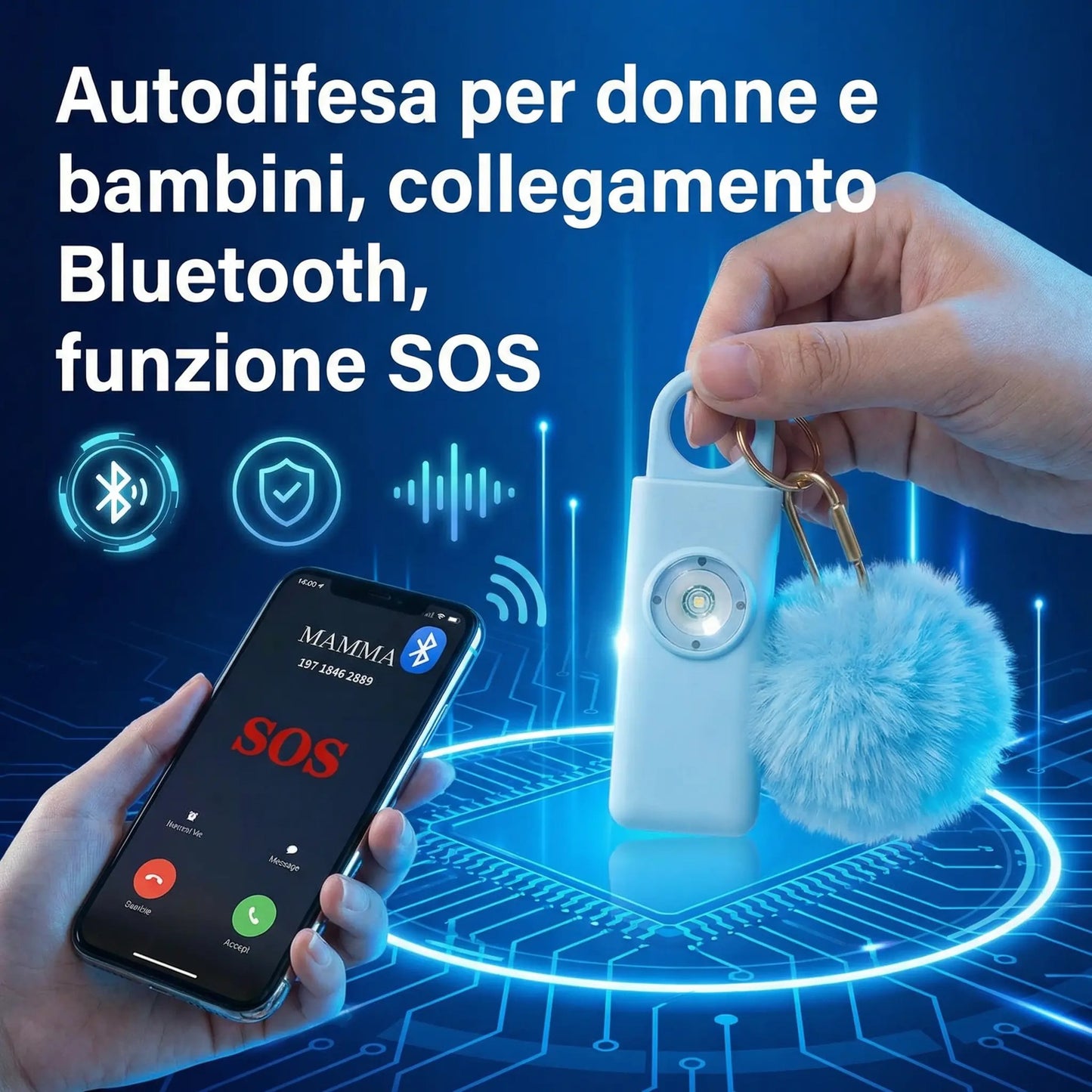 Panic Alarm Keychain, SOS Anti-Aggression Device with Automatic Call, Instant GPS Location Sending, 130dB Siren, Personal Defense and Self-Defense for Women, Children, and the Elderly (Blue) 