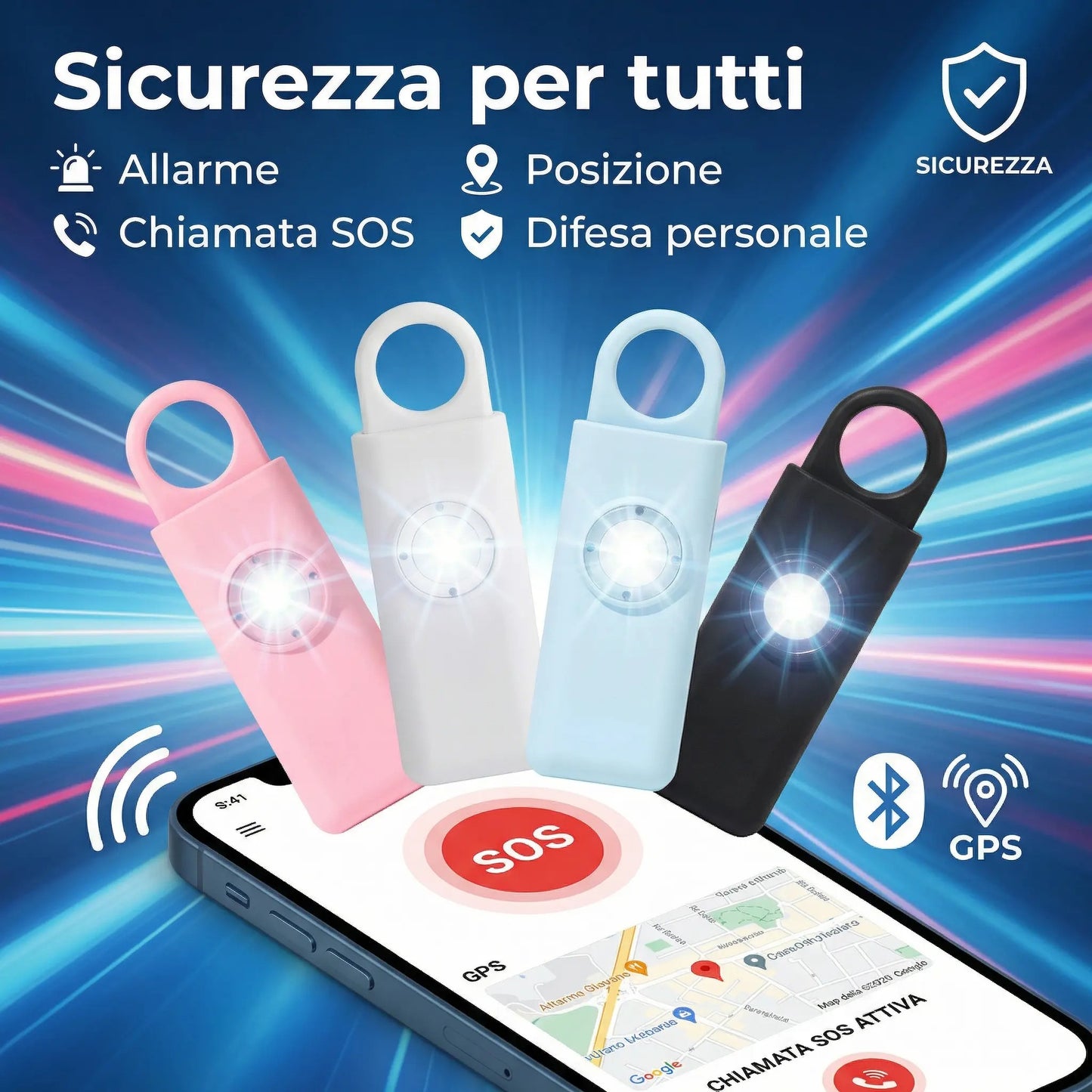 Panic Alarm Keychain, SOS Anti-Aggression Device with Automatic Call, Instant GPS Location Sending, 130dB Siren, Personal Defense and Self-Defense for Women, Children, and the Elderly (Blue) 