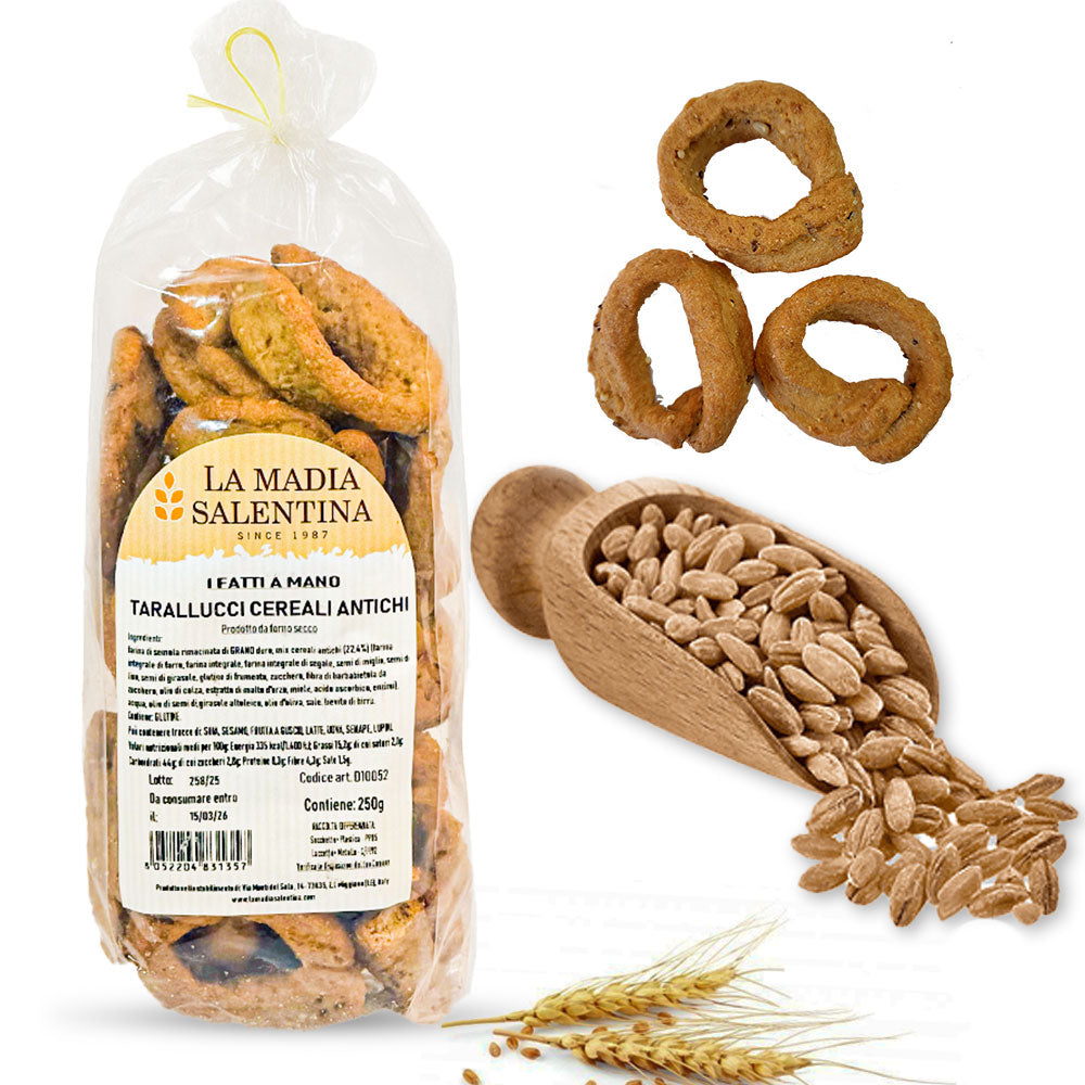Tarallucci Salentini ai Cereali Antichi e Semi 1 Kg, Artigianali al Forno - Taralli Pugliesi Croccanti Tradizionali del Salento, Tarallini Snack Salato Tipico Puglia (4x250g, Cereali Antichi e Semi)