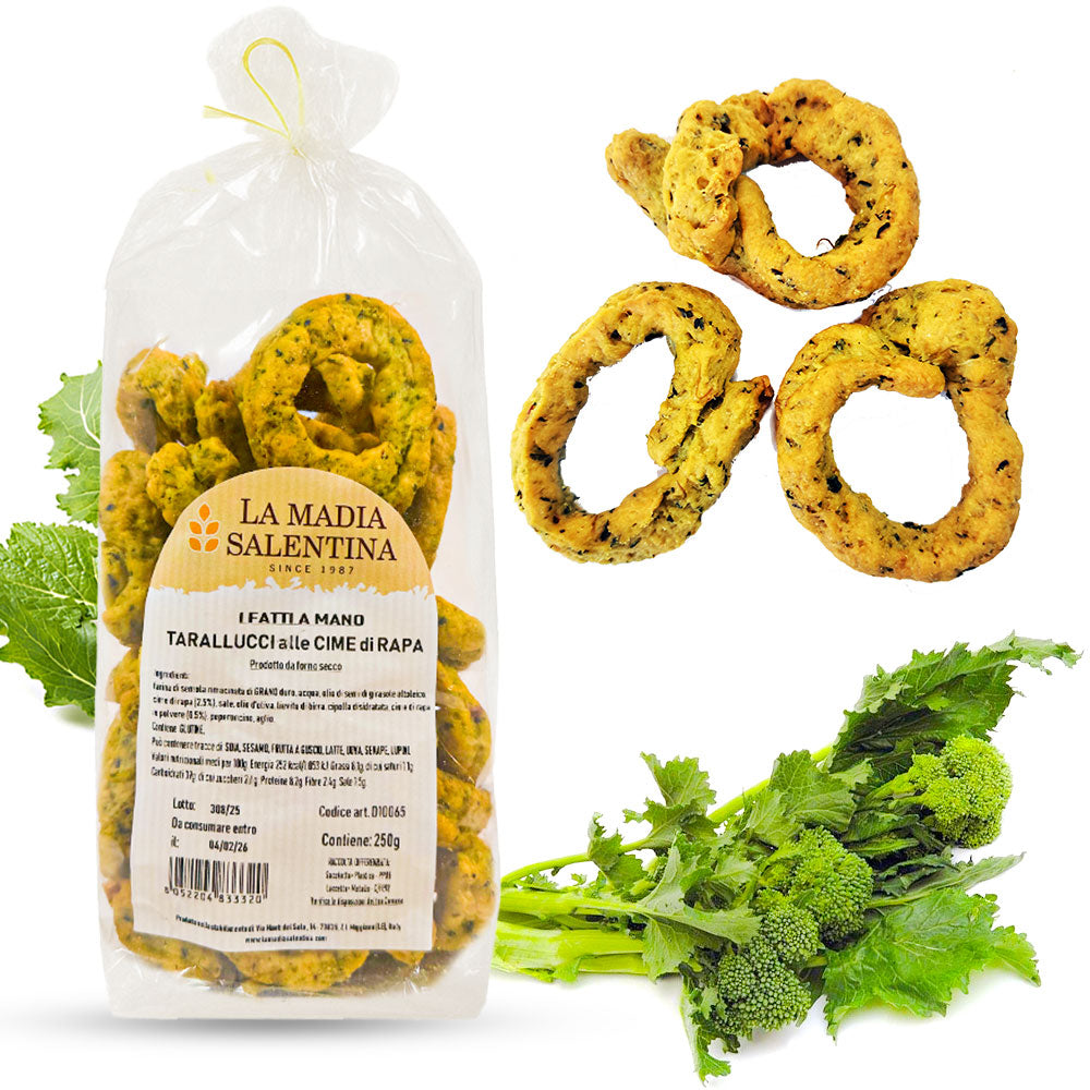 Tarallucci Salentini alle Cime di Rapa 1 Kg, Artigianali al Forno - Taralli Pugliesi Croccanti Tradizionali del Salento - Tarallini Snack Salato Tipico della Puglia (4x250g, Cime di Rapa)