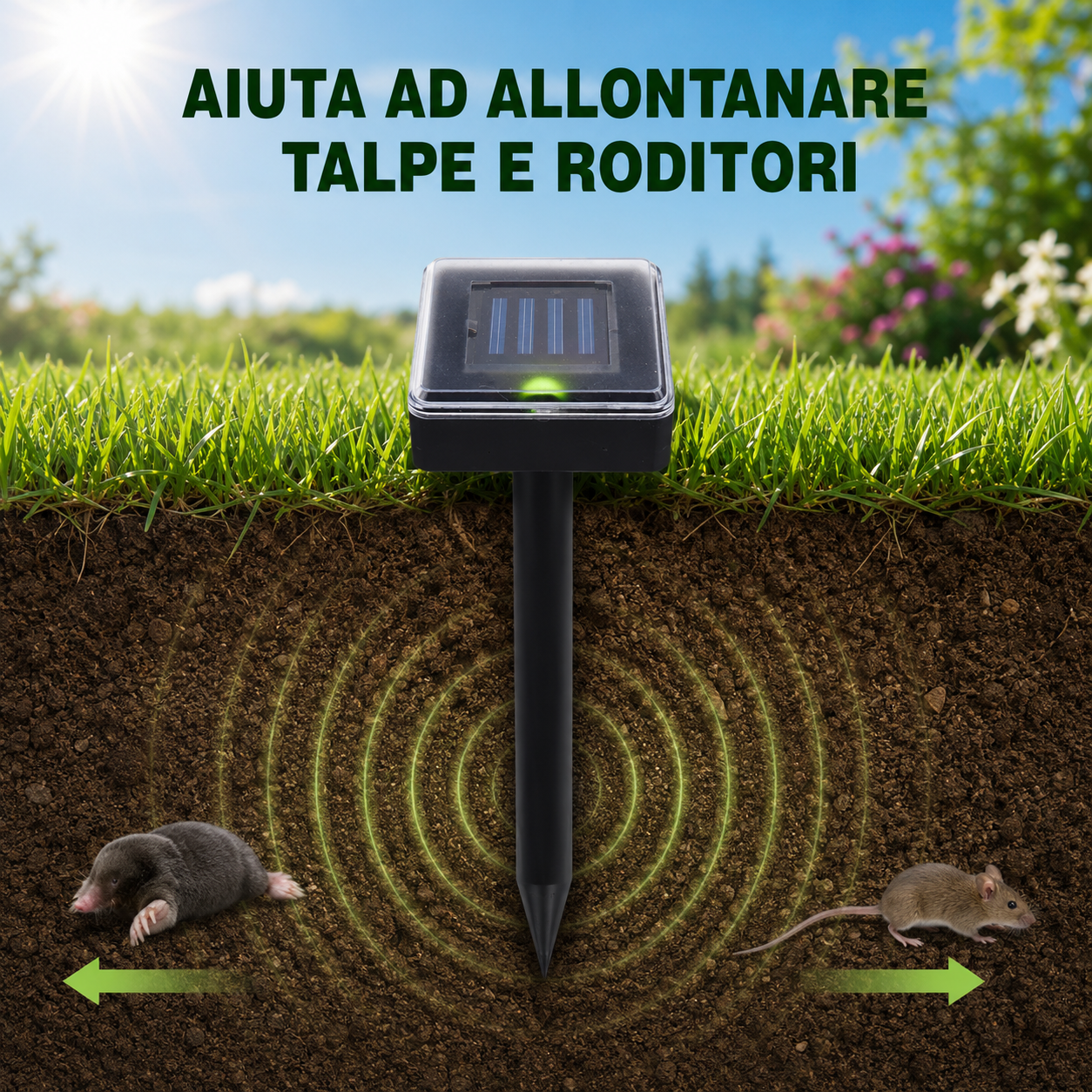 Dissuasore Solare per Talpe e Roditori 37cm – Dispositivo a Ultrasuoni con Raggio 1000 m², Ricarica Solare, Vibrazioni nel Terreno – per Giardino, Orto e Prato – Ecologico
