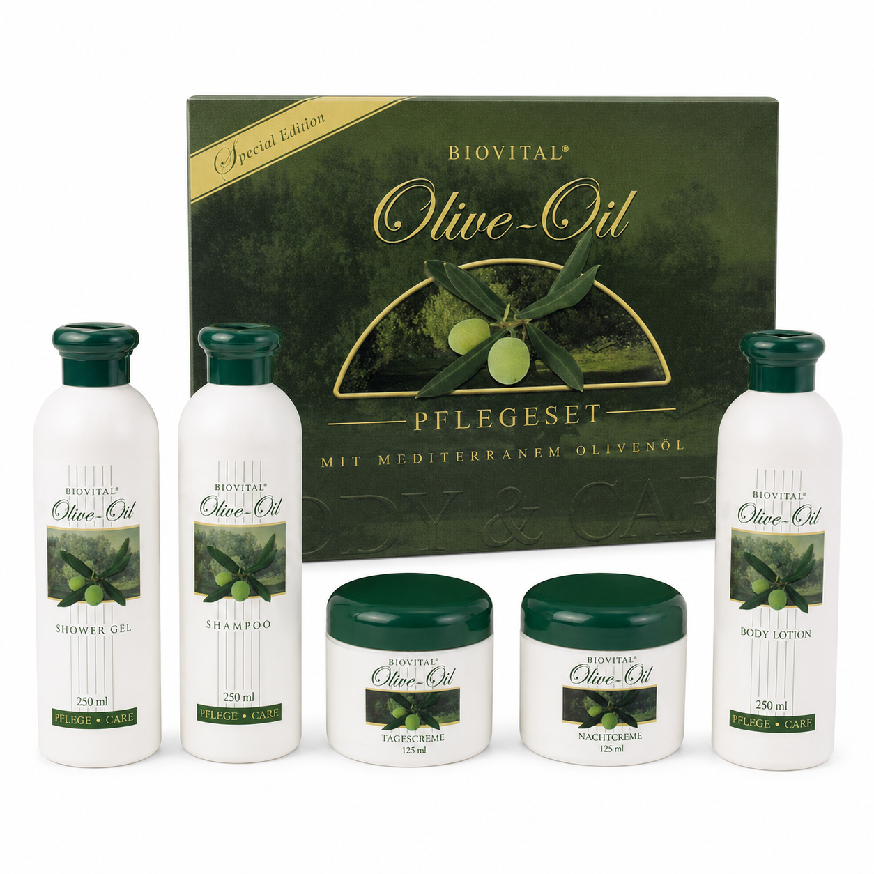 Set Cura della Persona 5 Pezzi con Olio d'Oliva – Edizione Speciale Bio-Vital con Gel Doccia, Shampoo, Lozione Corpo, Crema Giorno e Crema Notte – Cura Completa per Pelle e Capelli