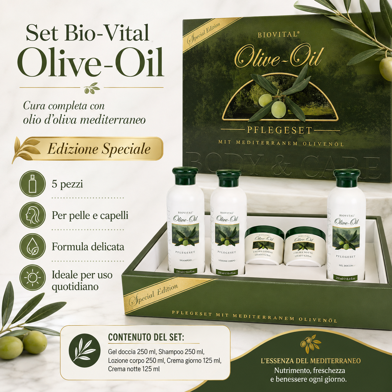 Set Cura della Persona 5 Pezzi con Olio d'Oliva – Edizione Speciale Bio-Vital con Gel Doccia, Shampoo, Lozione Corpo, Crema Giorno e Crema Notte – Cura Completa per Pelle e Capelli