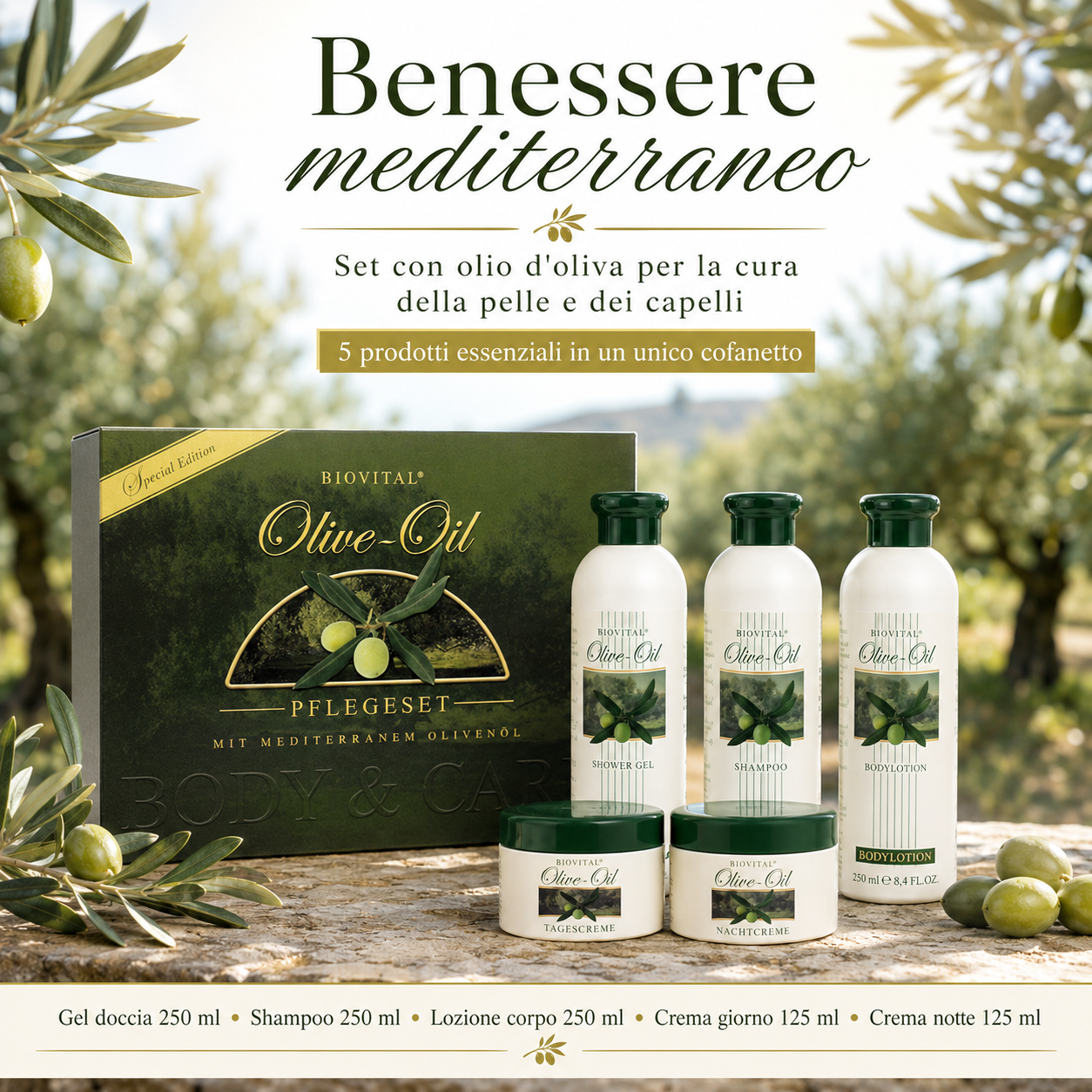 Set Cura della Persona 5 Pezzi con Olio d'Oliva – Edizione Speciale Bio-Vital con Gel Doccia, Shampoo, Lozione Corpo, Crema Giorno e Crema Notte – Cura Completa per Pelle e Capelli