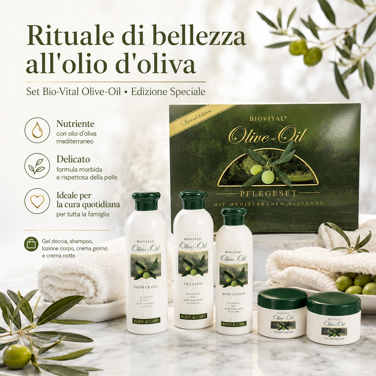 Set Cura della Persona 5 Pezzi con Olio d'Oliva – Edizione Speciale Bio-Vital con Gel Doccia, Shampoo, Lozione Corpo, Crema Giorno e Crema Notte – Cura Completa per Pelle e Capelli