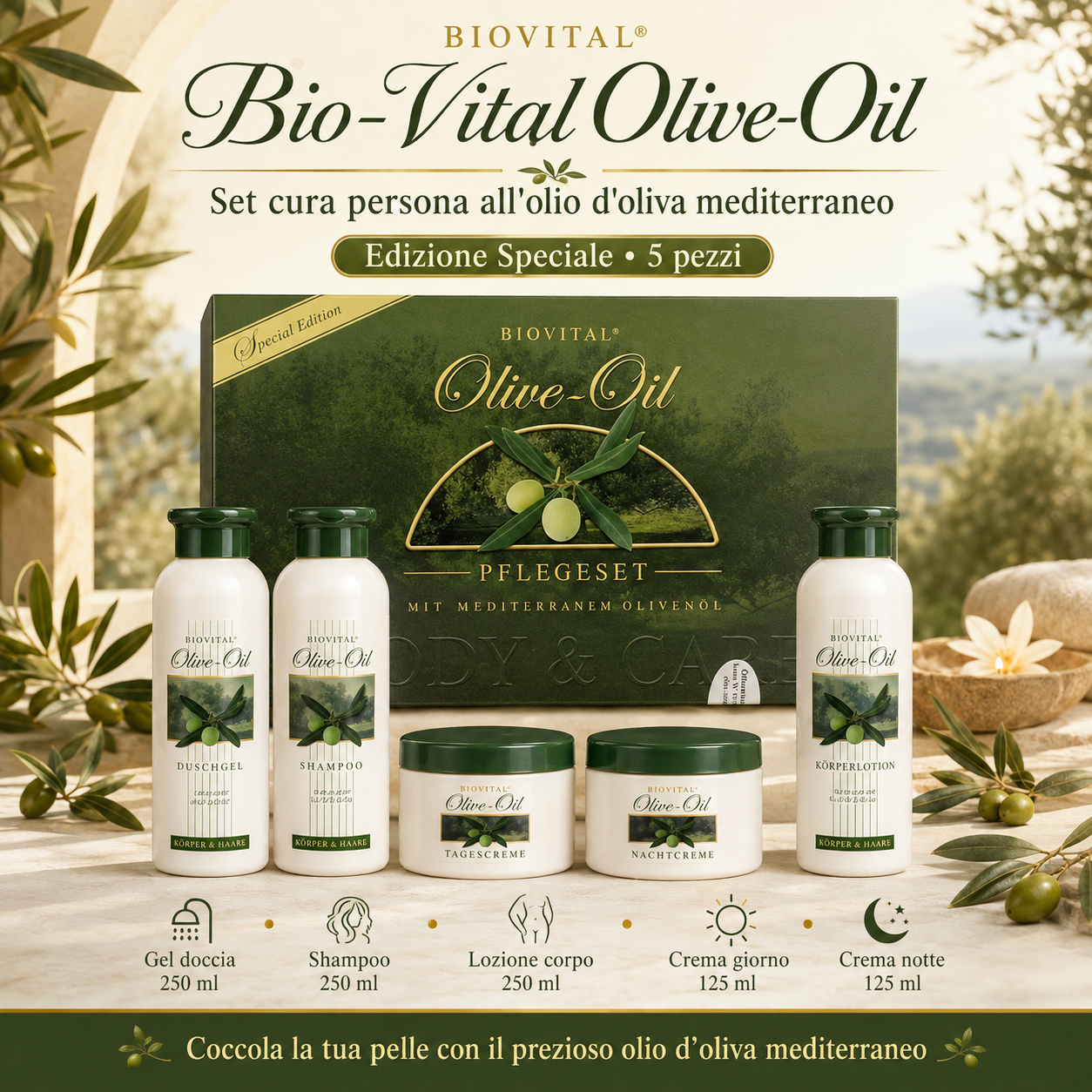 Set Cura della Persona 5 Pezzi con Olio d'Oliva – Edizione Speciale Bio-Vital con Gel Doccia, Shampoo, Lozione Corpo, Crema Giorno e Crema Notte – Cura Completa per Pelle e Capelli