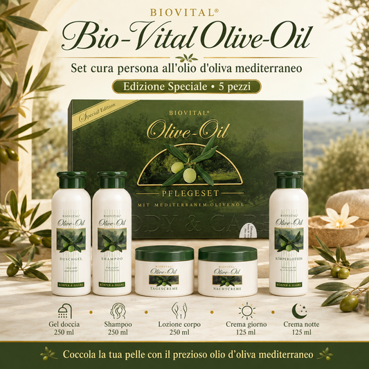 Set Cura della Persona 5 Pezzi con Olio d'Oliva – Edizione Speciale Bio-Vital con Gel Doccia, Shampoo, Lozione Corpo, Crema Giorno e Crema Notte – Cura Completa per Pelle e Capelli
