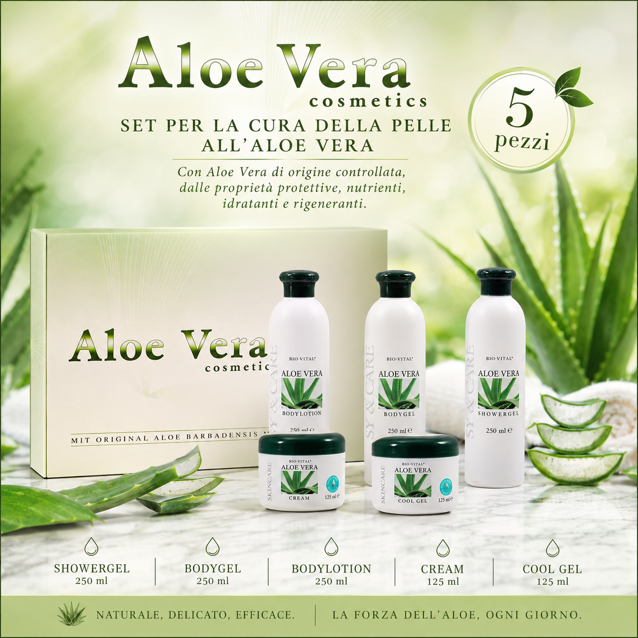 Set Cosmetico 5 Pezzi all'Aloe Vera Barbadensis Miller – Showergel, Bodygel, Bodylotion, Crema e Cool Gel – Cura Idratante e Rigenerante per Tutto il Corpo