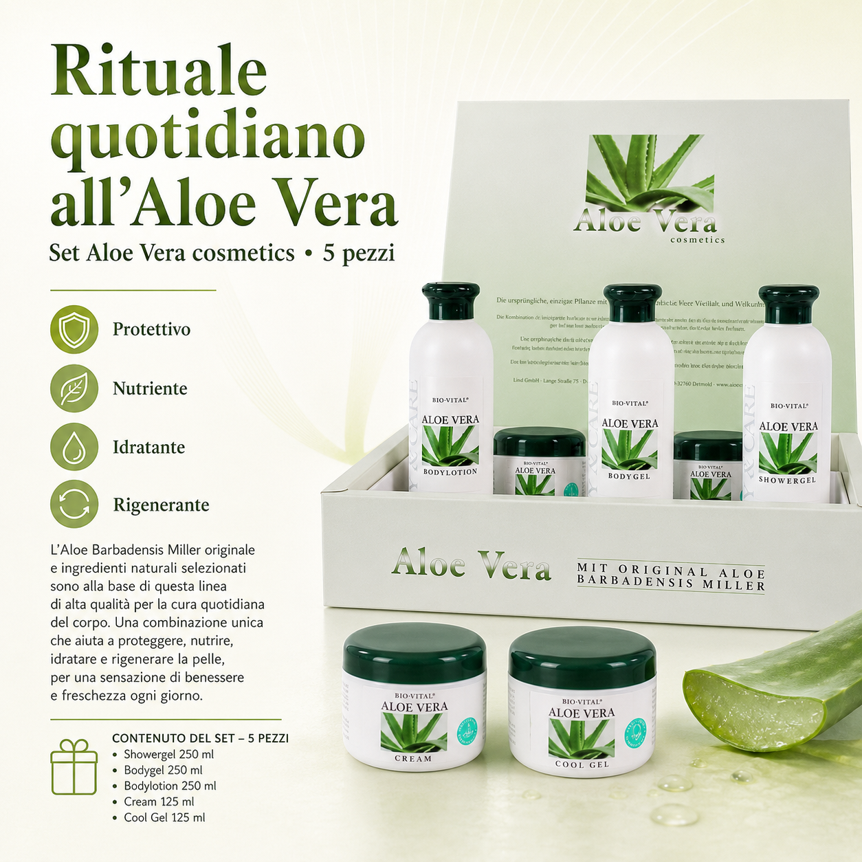 Set Cosmetico 5 Pezzi all'Aloe Vera Barbadensis Miller – Showergel, Bodygel, Bodylotion, Crema e Cool Gel – Cura Idratante e Rigenerante per Tutto il Corpo