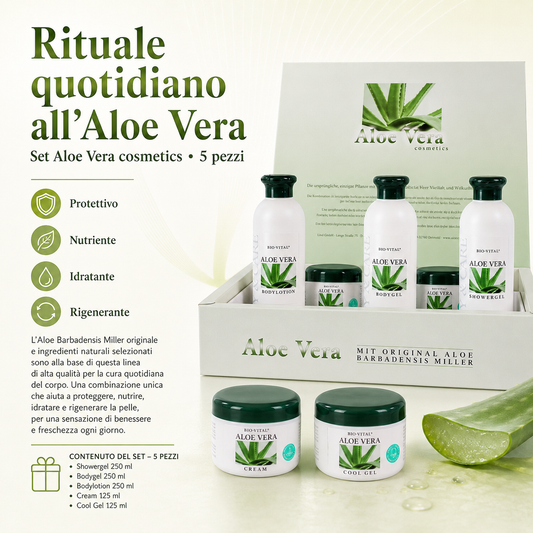 Set Cosmetico 5 Pezzi all'Aloe Vera Barbadensis Miller – Showergel, Bodygel, Bodylotion, Crema e Cool Gel – Cura Idratante e Rigenerante per Tutto il Corpo