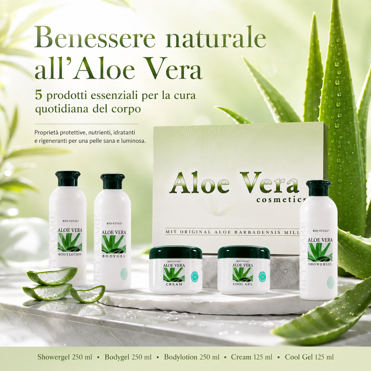 Set Cosmetico 5 Pezzi all'Aloe Vera Barbadensis Miller – Showergel, Bodygel, Bodylotion, Crema e Cool Gel – Cura Idratante e Rigenerante per Tutto il Corpo