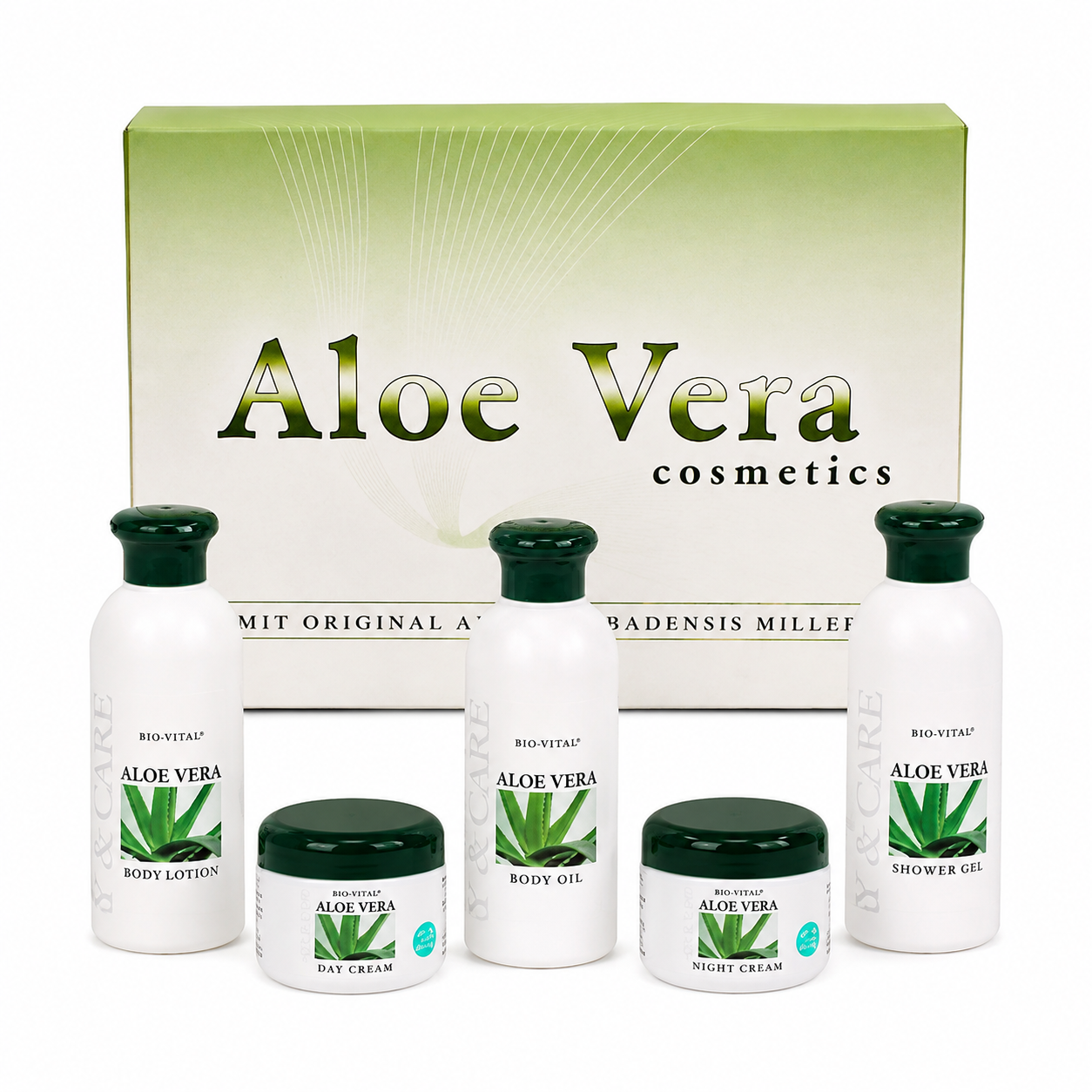 Set Cosmetico 5 Pezzi all'Aloe Vera Barbadensis Miller – Showergel, Bodygel, Bodylotion, Crema e Cool Gel – Cura Idratante e Rigenerante per Tutto il Corpo