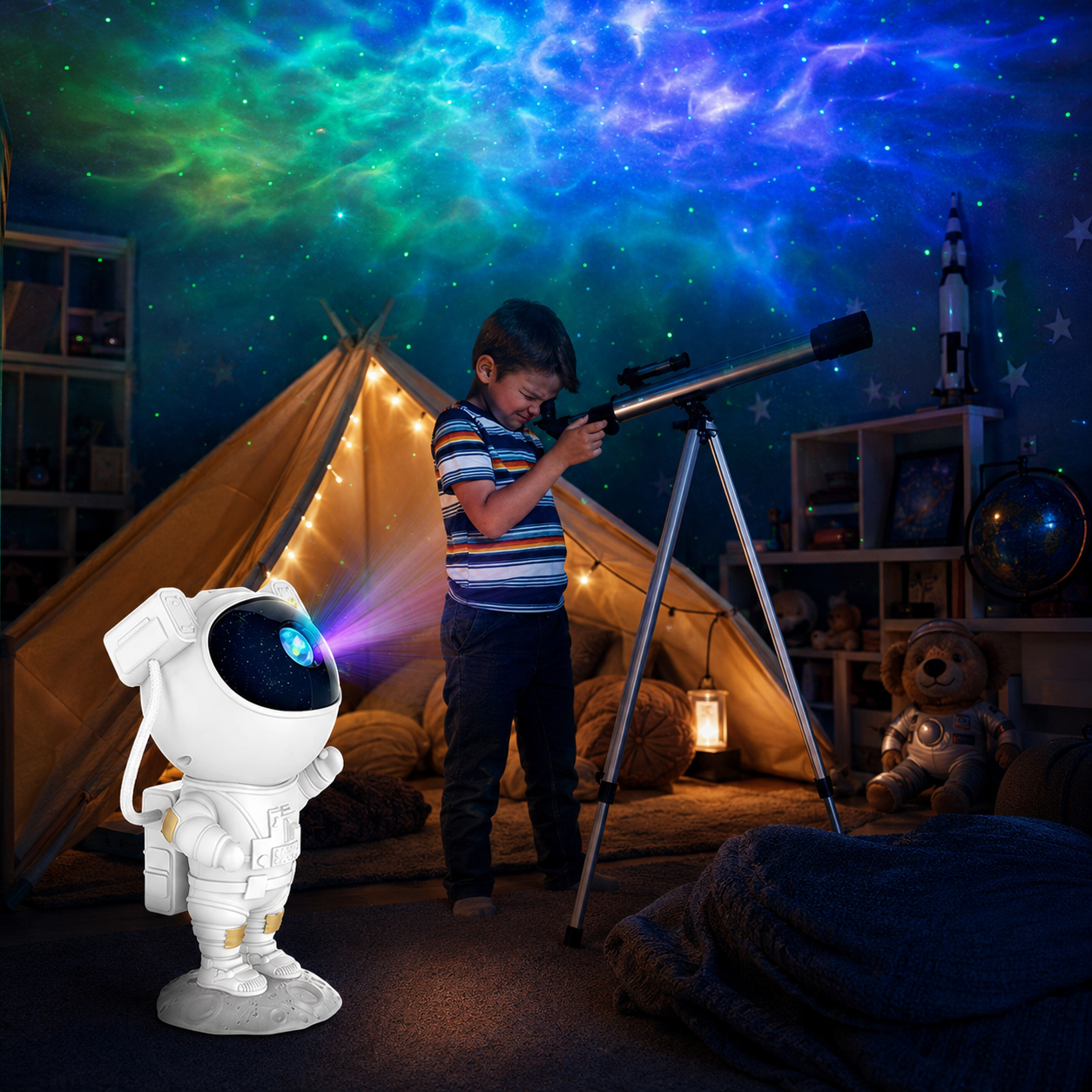 Proiettore Cielo Stellato e galassie a Forma di Astronauta – Luce Notturna con Laser e LED, Rotazione 360°, Telecomando, Timer, Effetto Universo – Per Camerette, Relax e Regalo