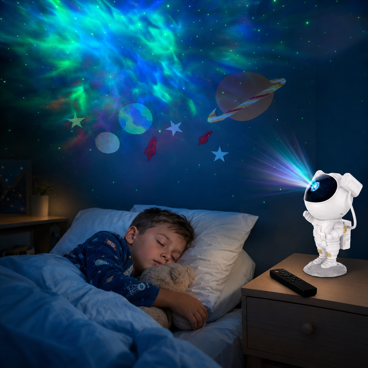 Proiettore Cielo Stellato e galassie a Forma di Astronauta – Luce Notturna con Laser e LED, Rotazione 360°, Telecomando, Timer, Effetto Universo – Per Camerette, Relax e Regalo