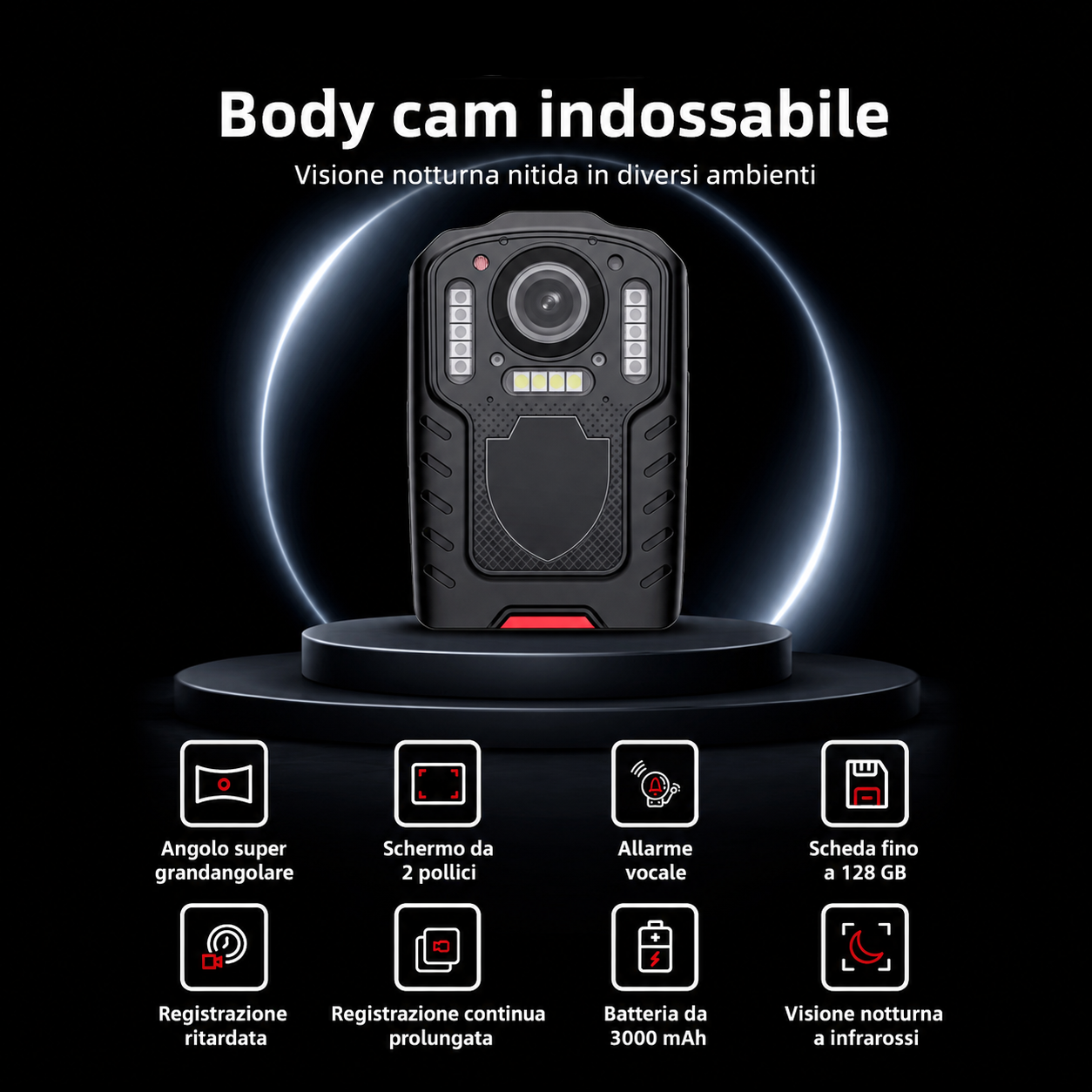 E201 Bodycam per Sicurezza Personale, Polizia e Security – Telecamera Indossabile con Visione Notturna, Grandangolo 130°, Batteria 3000mAh (22 Ore), Antiurto, Impermeabile, Sirena, Lampeggiante e Torcia