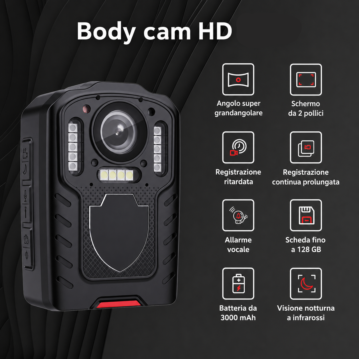 E201 Bodycam per Sicurezza Personale, Polizia e Security – Telecamera Indossabile con Visione Notturna, Grandangolo 130°, Batteria 3000mAh (22 Ore), Antiurto, Impermeabile, Sirena, Lampeggiante e Torcia