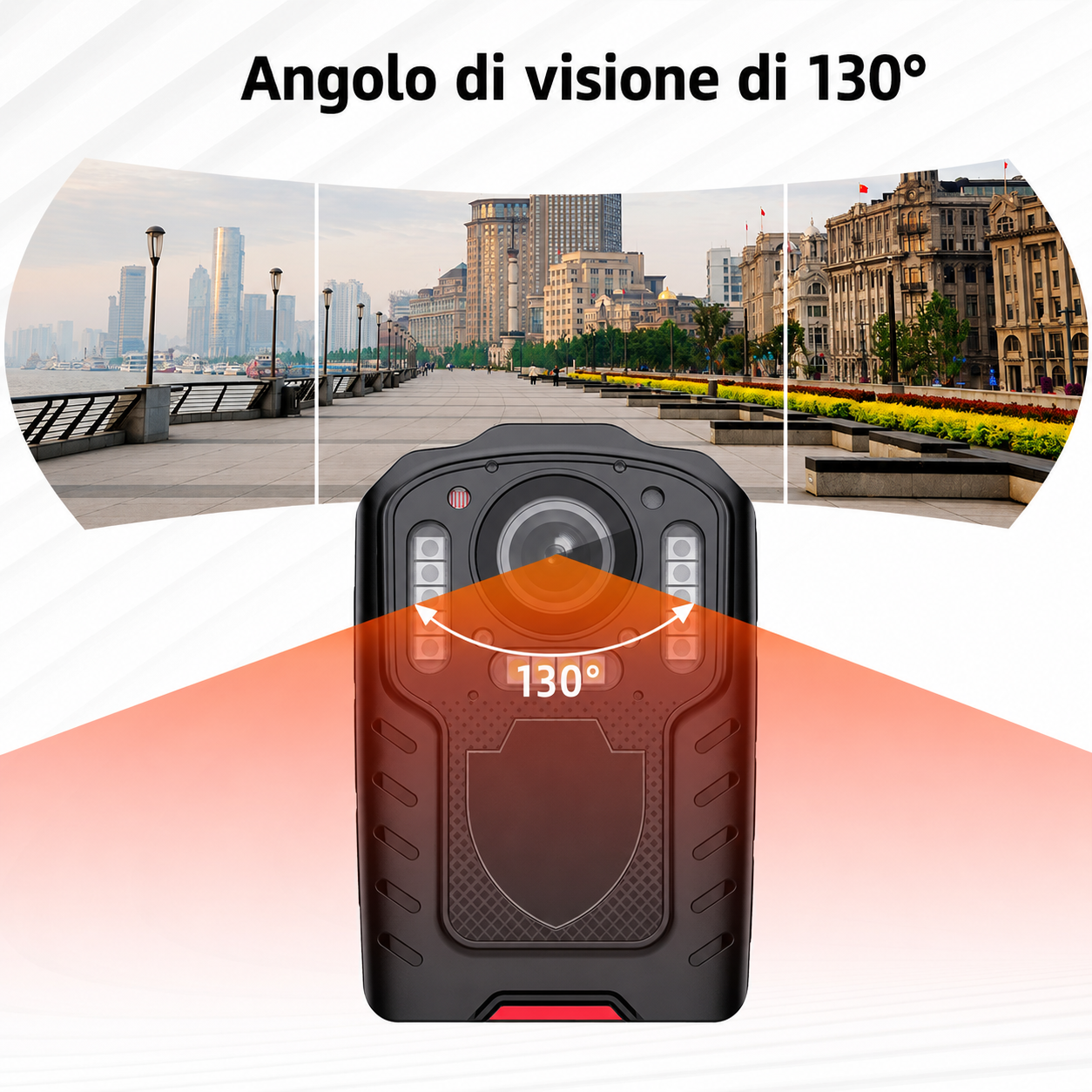 E201 Bodycam per Sicurezza Personale, Polizia e Security – Telecamera Indossabile con Visione Notturna, Grandangolo 130°, Batteria 3000mAh (22 Ore), Antiurto, Impermeabile, Sirena, Lampeggiante e Torcia