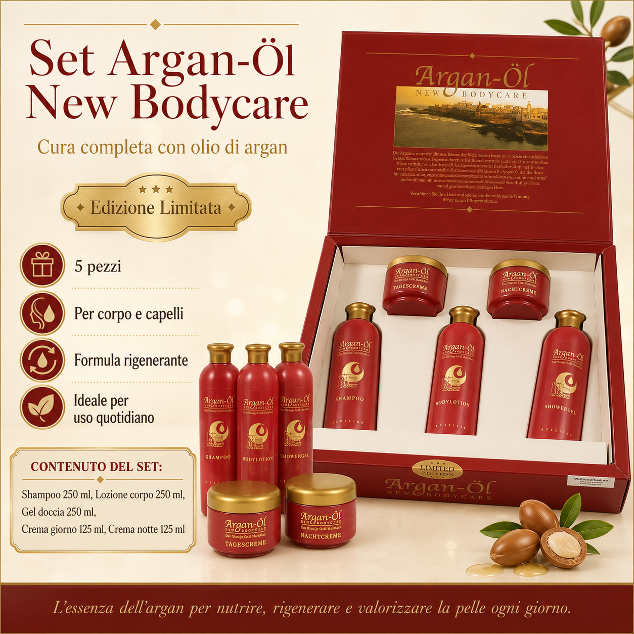 Set Cura del Corpo 5 Pezzi con Olio di Argan – Linea Rigenerante Anti-Age con Shampoo, Lozione Corpo, Gel Doccia, Crema Giorno e Crema Notte