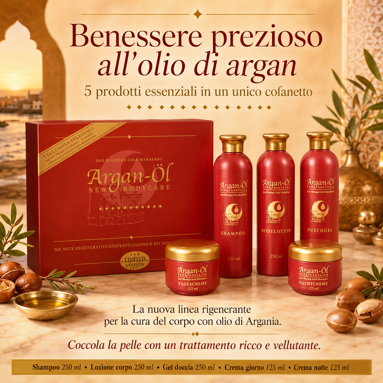 Set Cura del Corpo 5 Pezzi con Olio di Argan – Linea Rigenerante Anti-Age con Shampoo, Lozione Corpo, Gel Doccia, Crema Giorno e Crema Notte