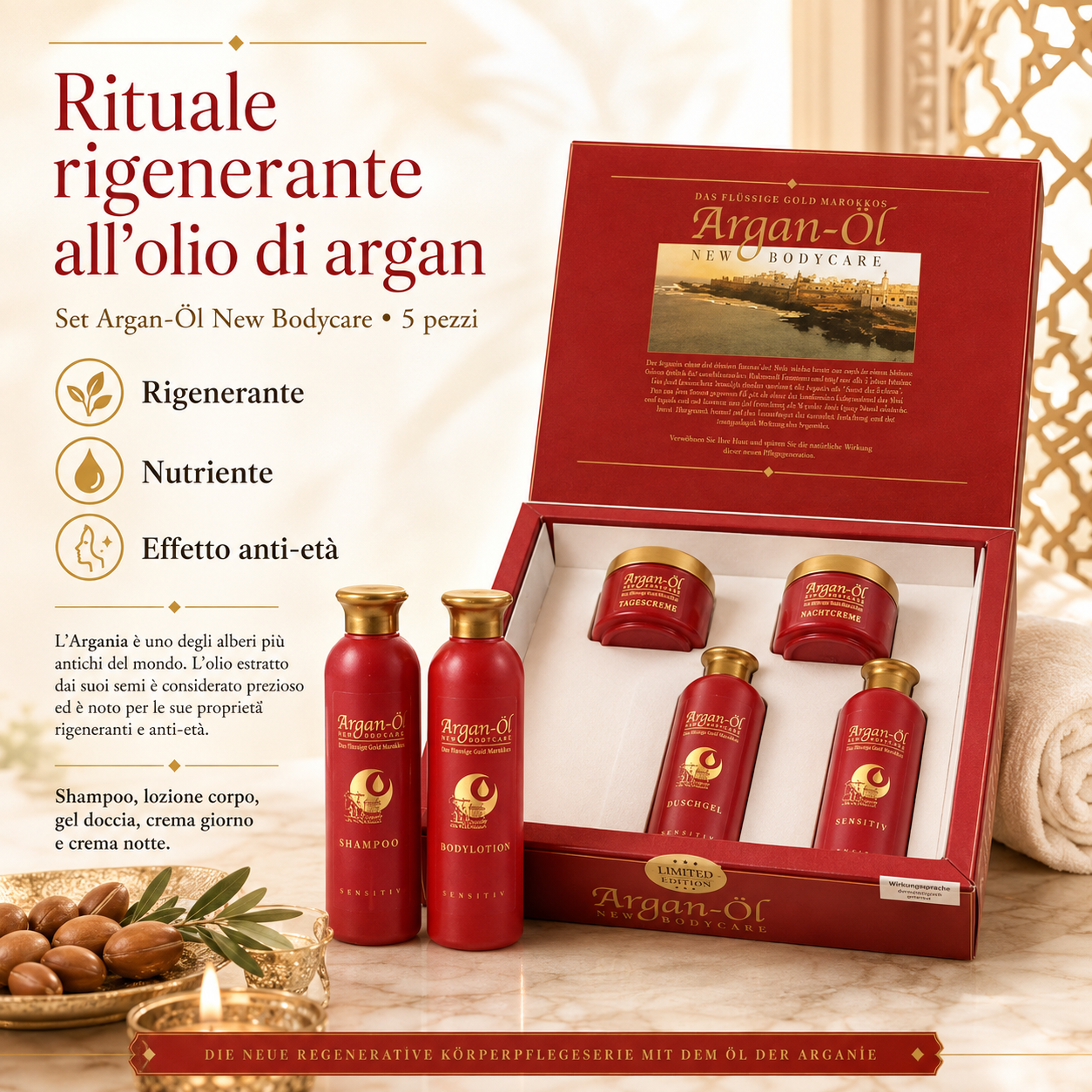 Set Cura del Corpo 5 Pezzi con Olio di Argan – Linea Rigenerante Anti-Age con Shampoo, Lozione Corpo, Gel Doccia, Crema Giorno e Crema Notte