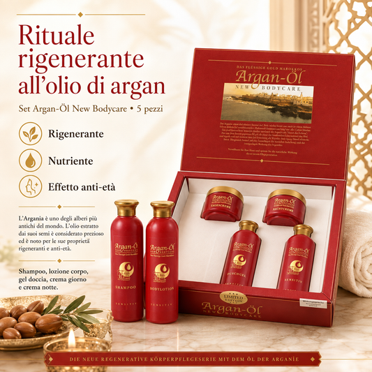 Set Cura del Corpo 5 Pezzi con Olio di Argan – Linea Rigenerante Anti-Age con Shampoo, Lozione Corpo, Gel Doccia, Crema Giorno e Crema Notte