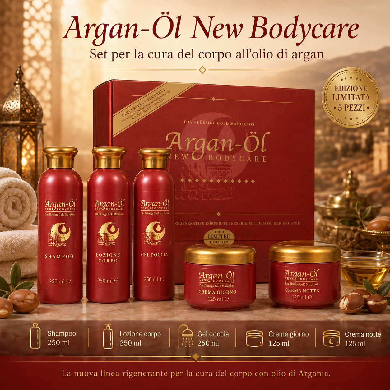 Set Cura del Corpo 5 Pezzi con Olio di Argan – Linea Rigenerante Anti-Age con Shampoo, Lozione Corpo, Gel Doccia, Crema Giorno e Crema Notte
