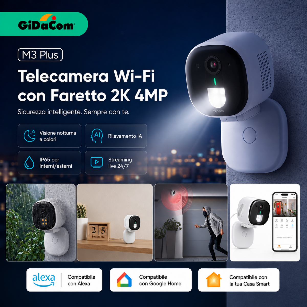 D3 Plus Telecamera Esterna 4MP con Visione Notturna a Colori – Rilevamento IA, Impermeabile IP65, Streaming Live 24/7 – Supporta MicroSD 128GB (Non Inclusa) – Compatibile con Google e Alexa