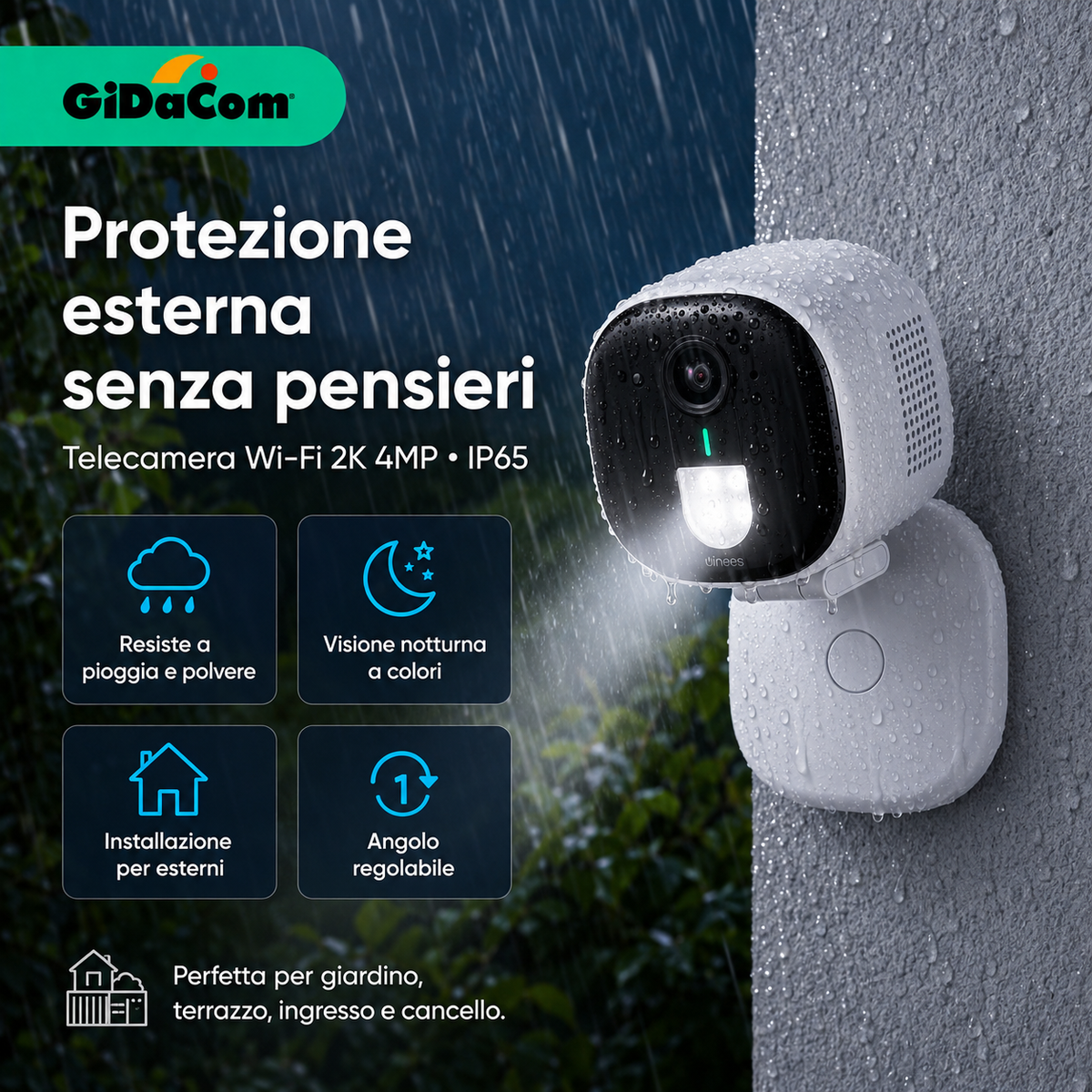 D3 Plus Telecamera Esterna 4MP con Visione Notturna a Colori – Rilevamento IA, Impermeabile IP65, Streaming Live 24/7 – Supporta MicroSD 128GB (Non Inclusa) – Compatibile con Google e Alexa
