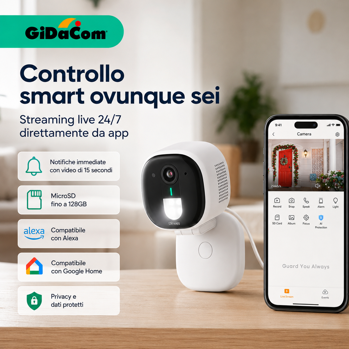 D3 Plus Telecamera Esterna 4MP con Visione Notturna a Colori – Rilevamento IA, Impermeabile IP65, Streaming Live 24/7 – Supporta MicroSD 128GB (Non Inclusa) – Compatibile con Google e Alexa