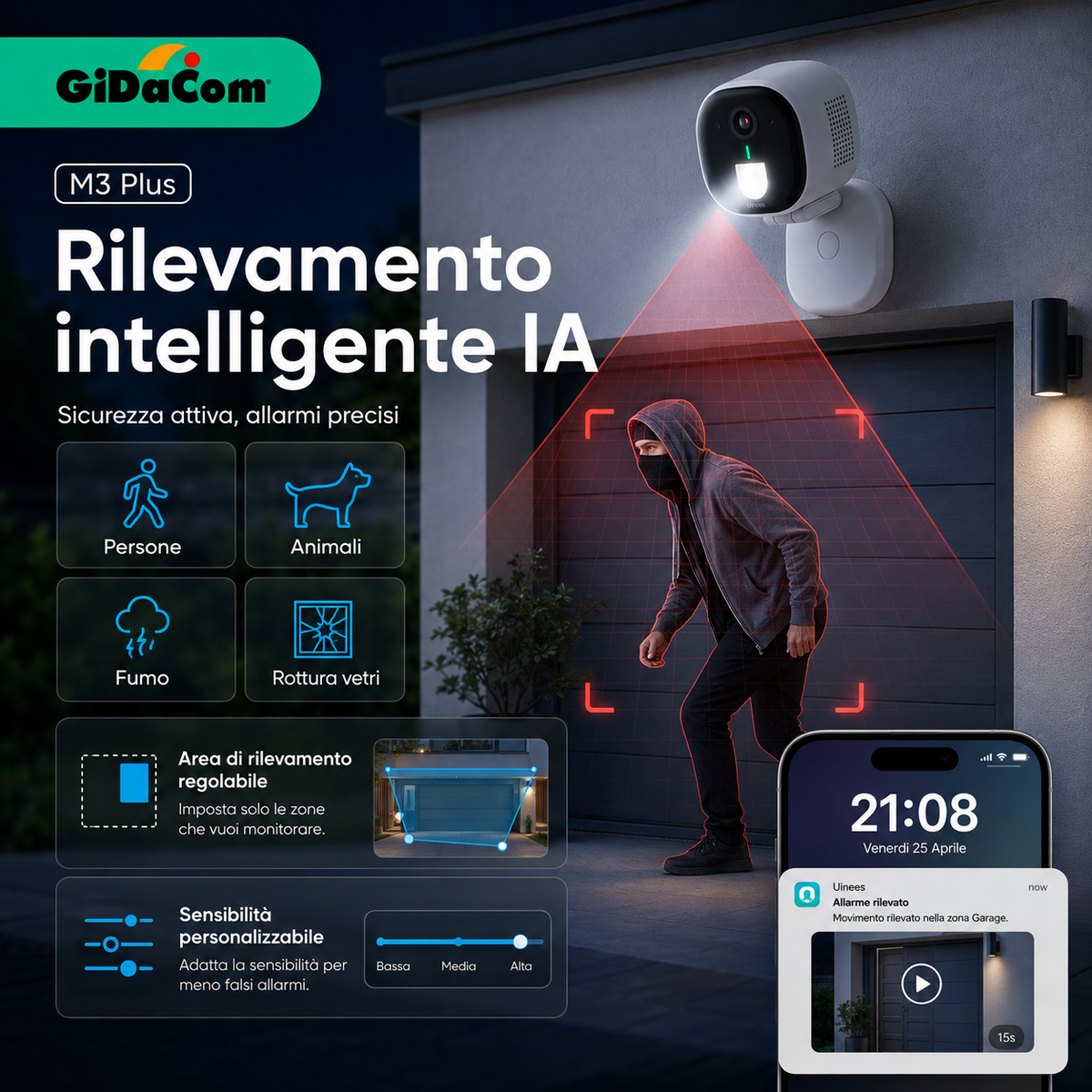 D3 Plus Telecamera Esterna 4MP con Visione Notturna a Colori – Rilevamento IA, Impermeabile IP65, Streaming Live 24/7 – Supporta MicroSD 128GB (Non Inclusa) – Compatibile con Google e Alexa