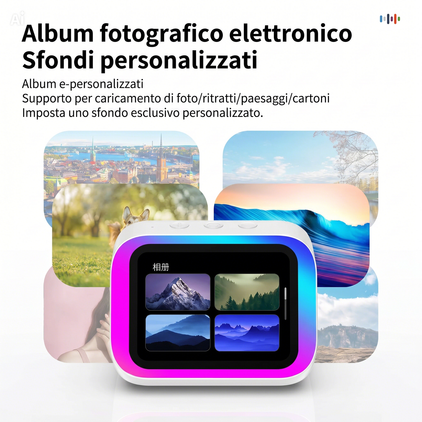 Altoparlante Bluetooth con Display 4" – Smart Speaker con Assistente Vocale, Chiamate, Musica, Meteo, Calendario, Sveglia, Cronometro, Calcolatrice, Orologio Mondiale, Effetti Luce, Cerca Telefono, Fotocamera Remota(Bianco)