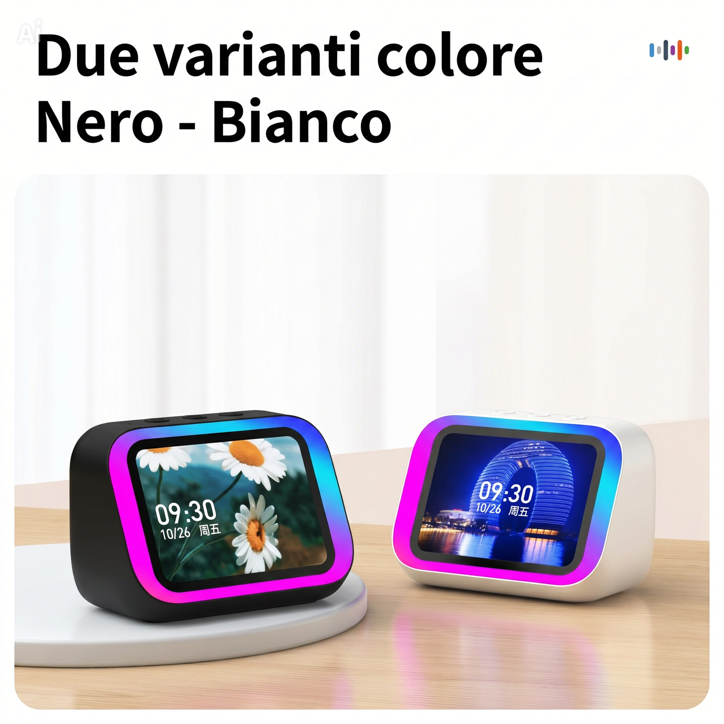 Altoparlante Bluetooth con Display 4" – Smart Speaker con Assistente Vocale, Chiamate, Musica, Meteo, Calendario, Sveglia, Cronometro, Calcolatrice, Orologio Mondiale, Effetti Luce, Cerca Telefono, Fotocamera Remota(Bianco)