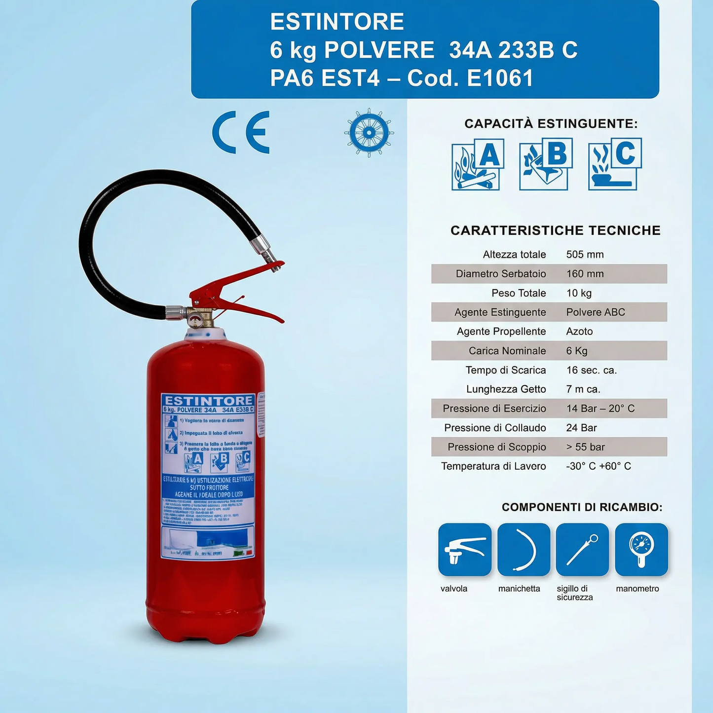 Kit Estintore 6kg a Polvere – Omologato e Certificato – Include Staffa a Muro, Cartello e Bollino di Verifica – Sempre Pronto (E1061)
