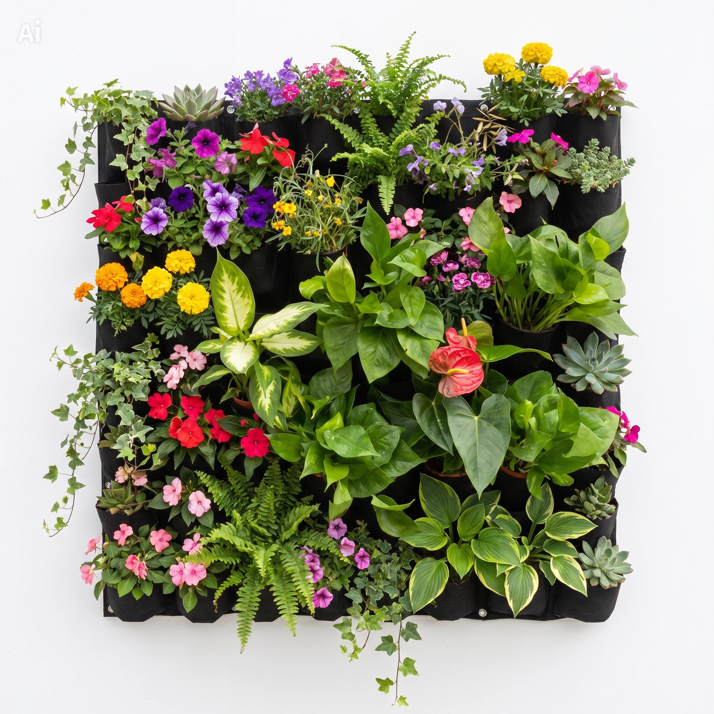 Giardino Verticale 9 Tasche Componibile all'Infinito – Parete Verde 50x50cm in Fibra Vegetale, Resistente Acqua e UV, con Drenaggio e Spessore 2mm – Crea Grandi Pareti con Fiori, Fragole e Spezie – Interno/Esterno (Nero)