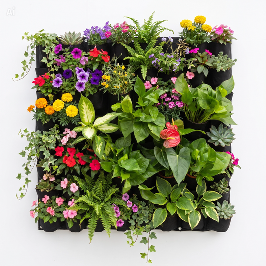 Giardino Verticale 9 Tasche Componibile all'Infinito – Parete Verde 50x50cm in Fibra Vegetale, Resistente Acqua e UV, con Drenaggio e Spessore 2mm – Crea Grandi Pareti con Fiori, Fragole e Spezie – Interno/Esterno (Nero)