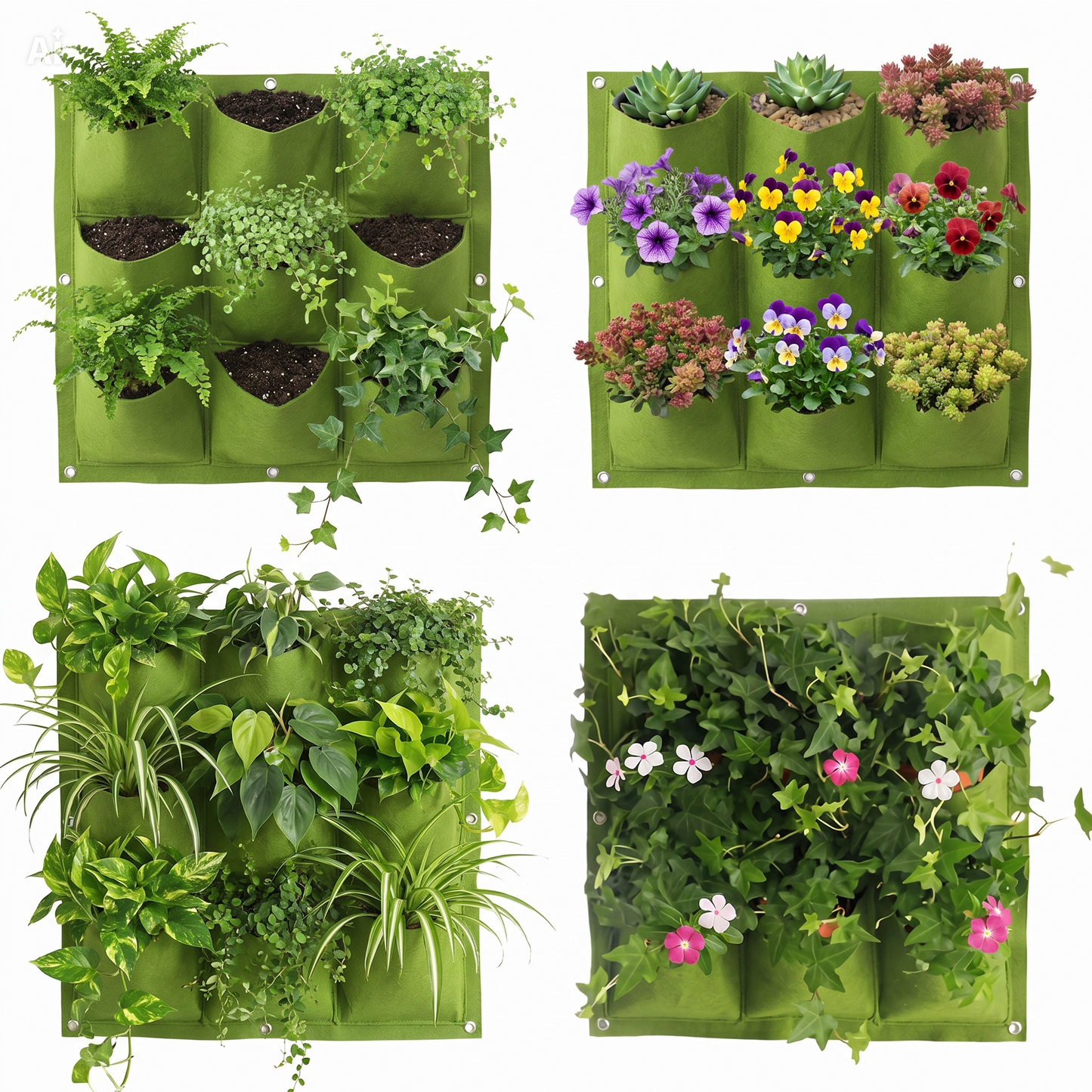 Giardino Verticale 9 Tasche Componibile all'Infinito – Parete Verde 50x50cm in Fibra Vegetale, Resistente Acqua e UV, con Drenaggio e Spessore 2mm – Crea Grandi Pareti con Fiori, Fragole e Spezie – Interno/Esterno (Verde)
