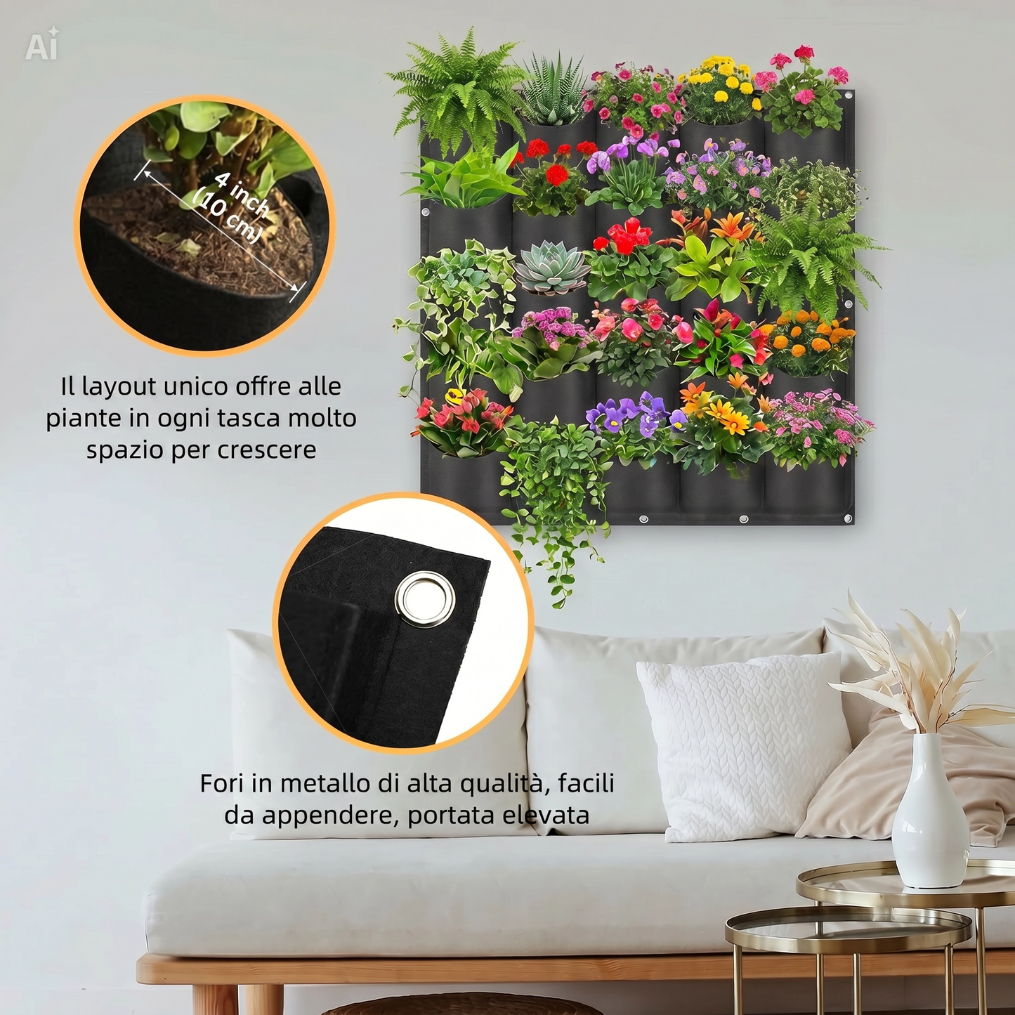Giardino Verticale 9 Tasche Componibile all'Infinito – Parete Verde 50x50cm in Fibra Vegetale, Resistente Acqua e UV, con Drenaggio e Spessore 2mm – Crea Grandi Pareti con Fiori, Fragole e Spezie – Interno/Esterno (Verde)