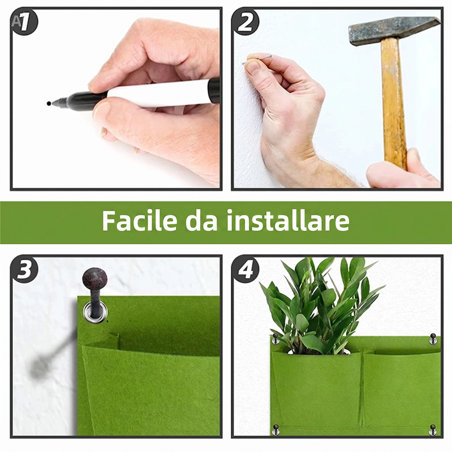Giardino Verticale 9 Tasche Componibile all'Infinito – Parete Verde 50x50cm in Fibra Vegetale, Resistente Acqua e UV, con Drenaggio e Spessore 2mm – Crea Grandi Pareti con Fiori, Fragole e Spezie – Interno/Esterno (Verde)