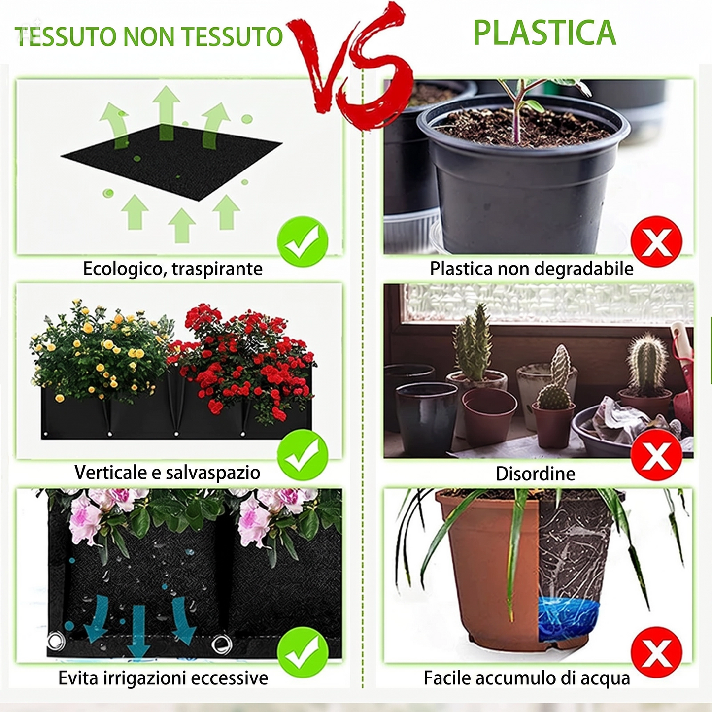 Giardino Verticale 9 Tasche Componibile all'Infinito – Parete Verde 50x50cm in Fibra Vegetale, Resistente Acqua e UV, con Drenaggio e Spessore 2mm – Crea Grandi Pareti con Fiori, Fragole e Spezie – Interno/Esterno (Verde)