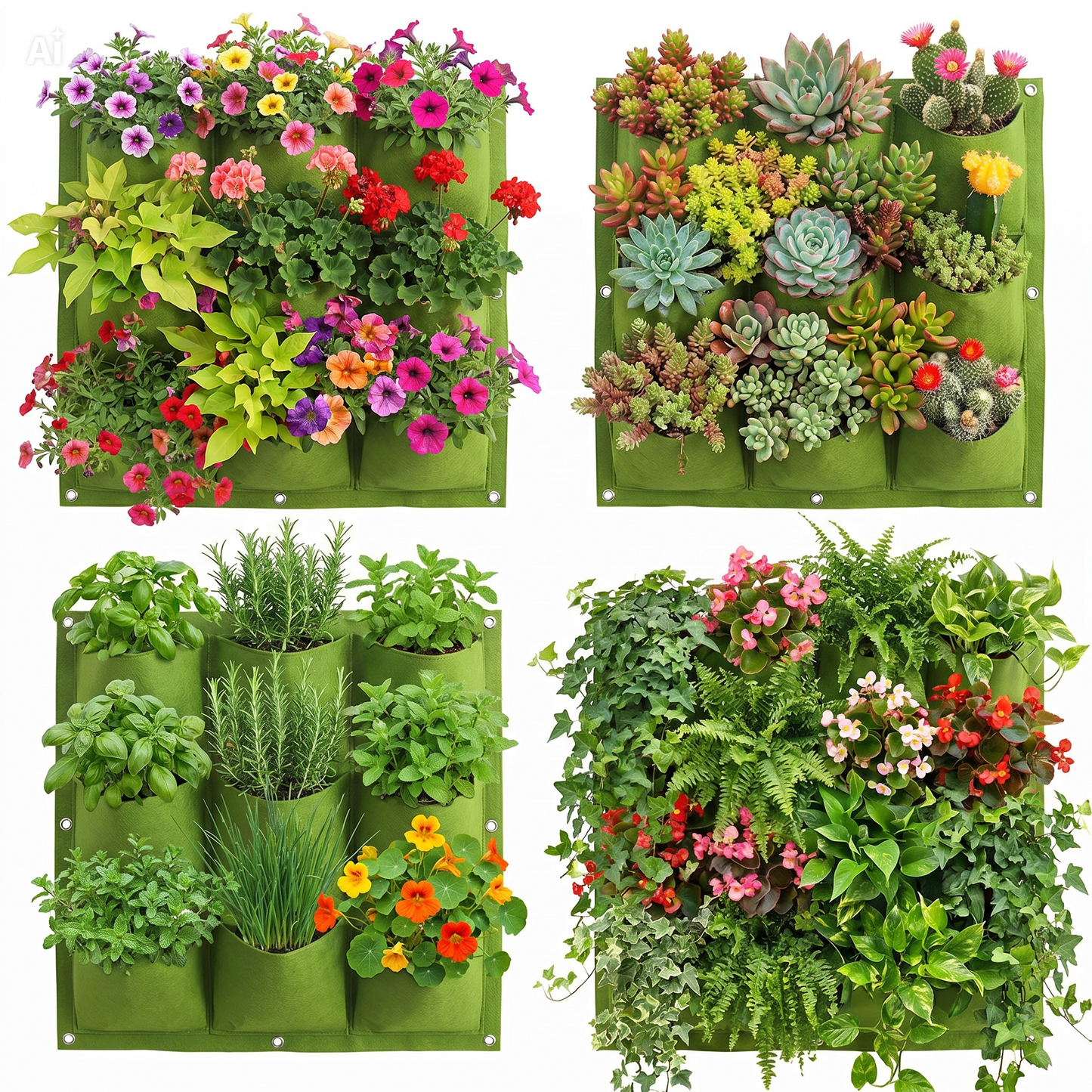 Giardino Verticale 9 Tasche Componibile all'Infinito – Parete Verde 50x50cm in Fibra Vegetale, Resistente Acqua e UV, con Drenaggio e Spessore 2mm – Crea Grandi Pareti con Fiori, Fragole e Spezie – Interno/Esterno (Verde)