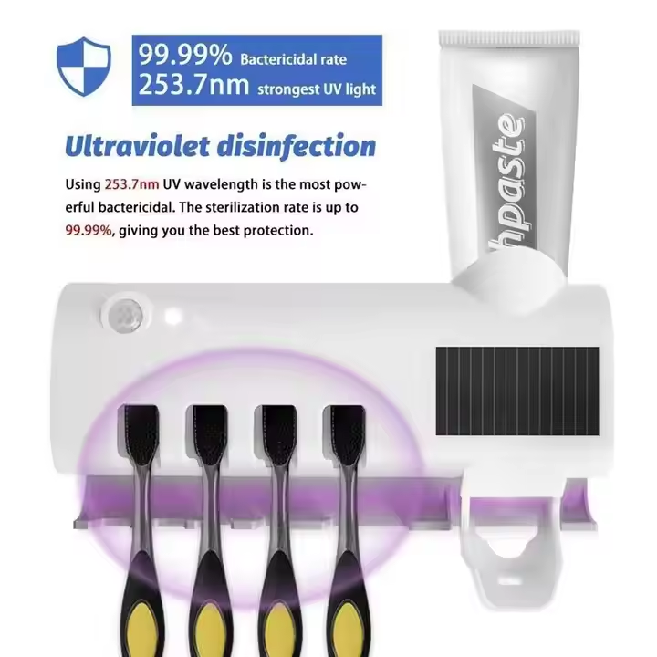 Sterilizzatore UV per Spazzolini da Denti con Ricarica Solare – Dispenser di Dentifricio Automatico Senza Contatto, Supporto Universale per Spazzolini, Elimina il 99% dei Germi – Senza Cavi