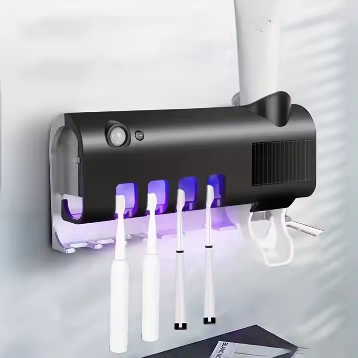 Sterilizzatore UV per Spazzolini da Denti con Ricarica Solare – Dispenser di Dentifricio Automatico Senza Contatto, Supporto Universale per Spazzolini, Elimina il 99% dei Germi – Senza Cavi